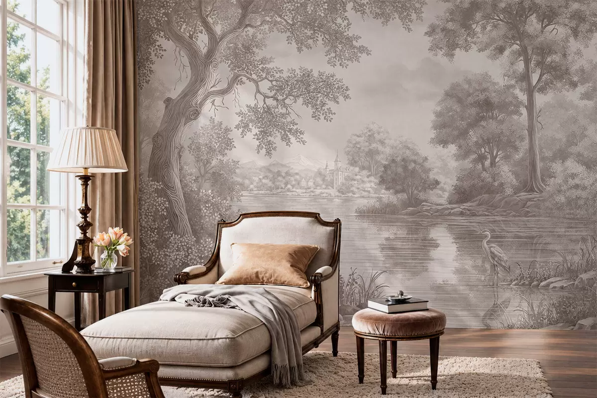 murales de pared Paisaje forestal monocromo con un lago y una garza w05805