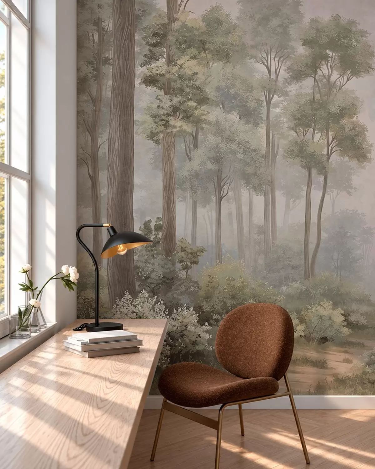 murales de pared Bosque brumoso con un sendero entre árboles y arbustos w05889v2