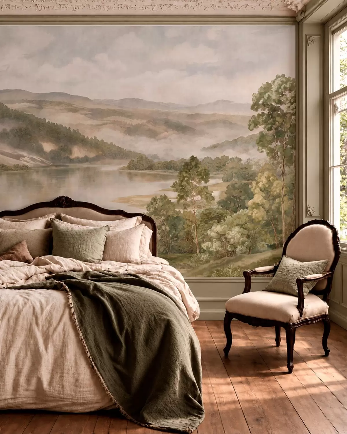 murales de pared Paisaje de montaña brumoso con un lago y árboles w05928v2
