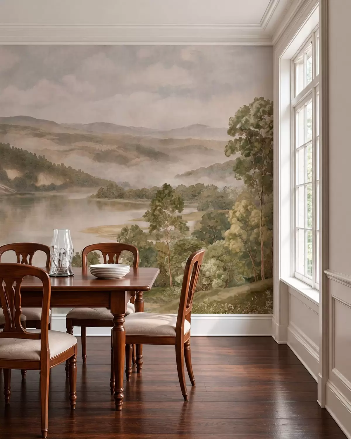 murales de pared Paisaje de montaña brumoso con un lago y árboles w05928v2