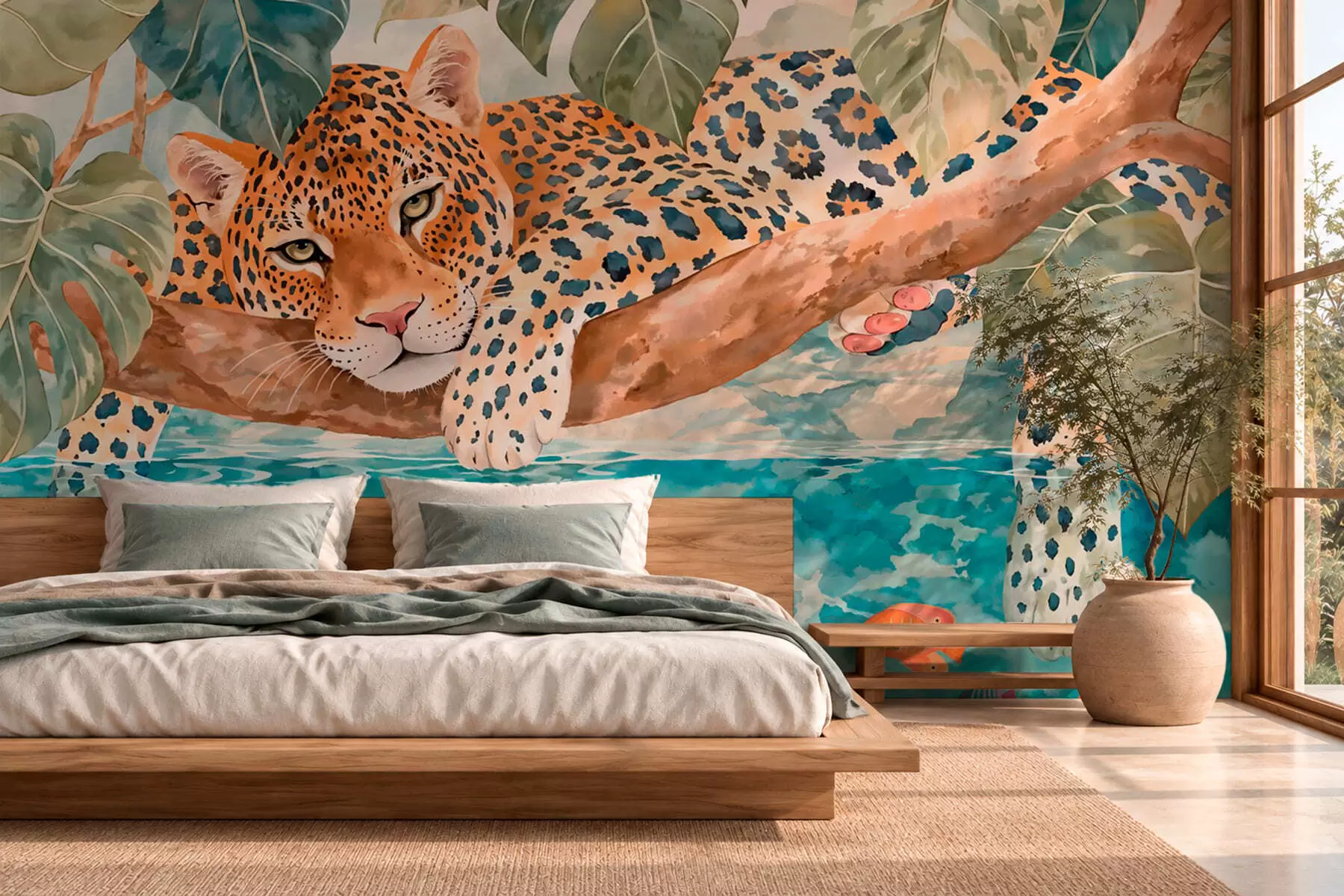 murales de pared Un leopardo en una rama sobre el agua con peces de colores w05954