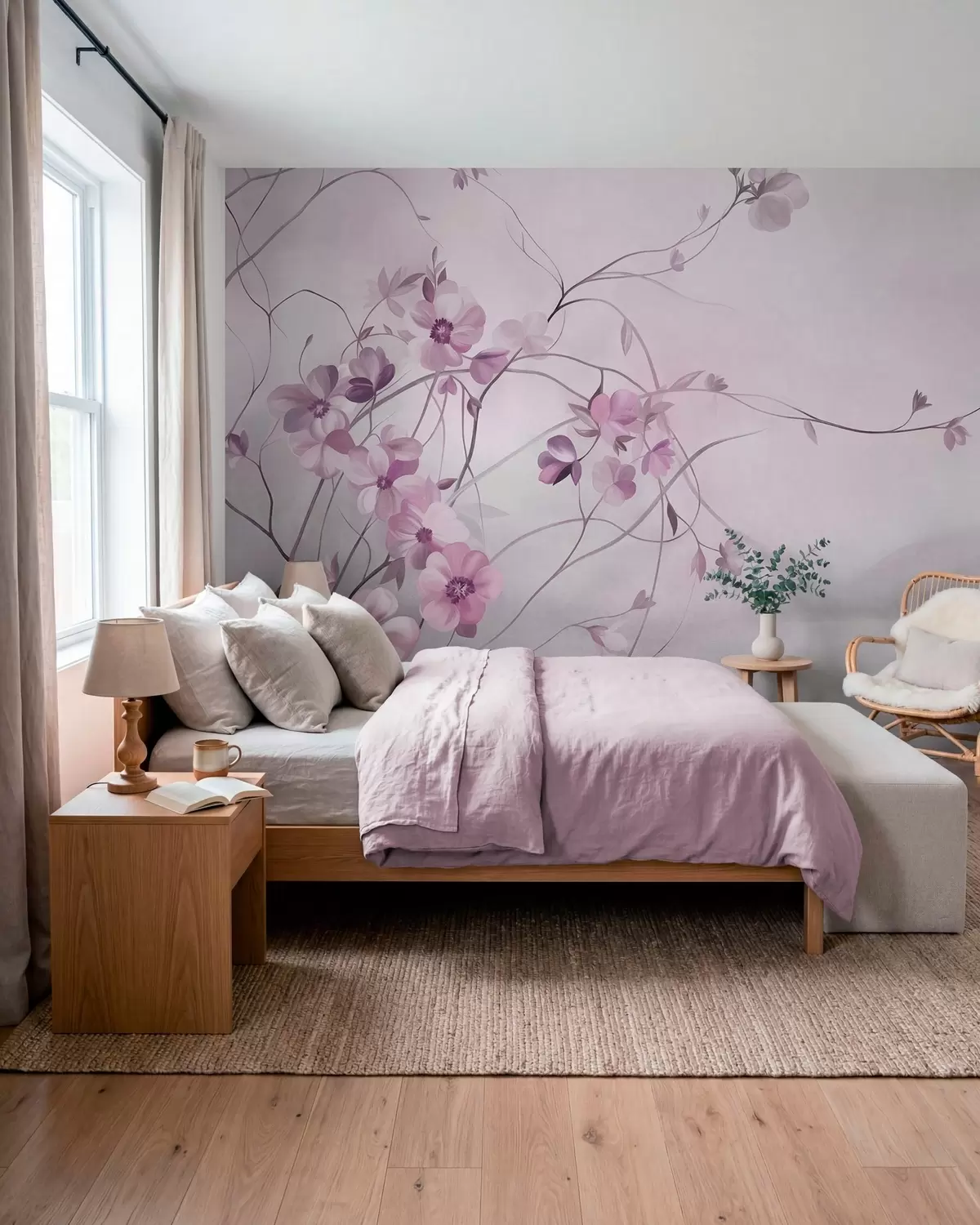 murales de pared Enredaderas sinuosas con delicadas flores de color rosa apagado w10083v1