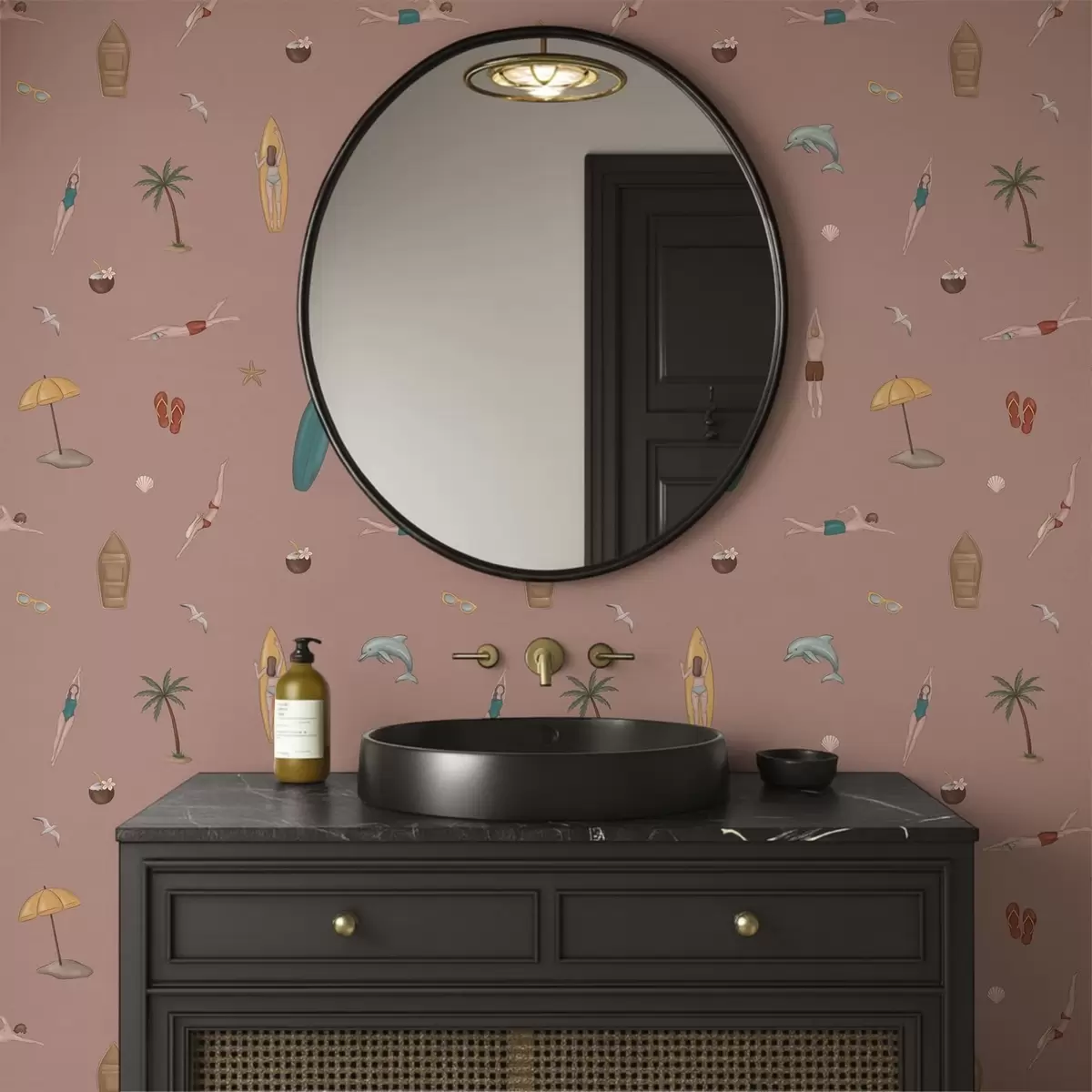 Papel pintado Nadadores, delfines y motivos tropicales sobre un fondo rosa a01275v1