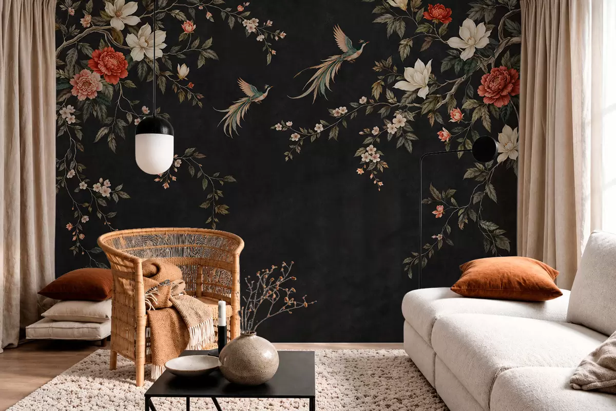 murales de pared Ramas en flor y aves exóticas sobre un fondo oscuro w05955v1