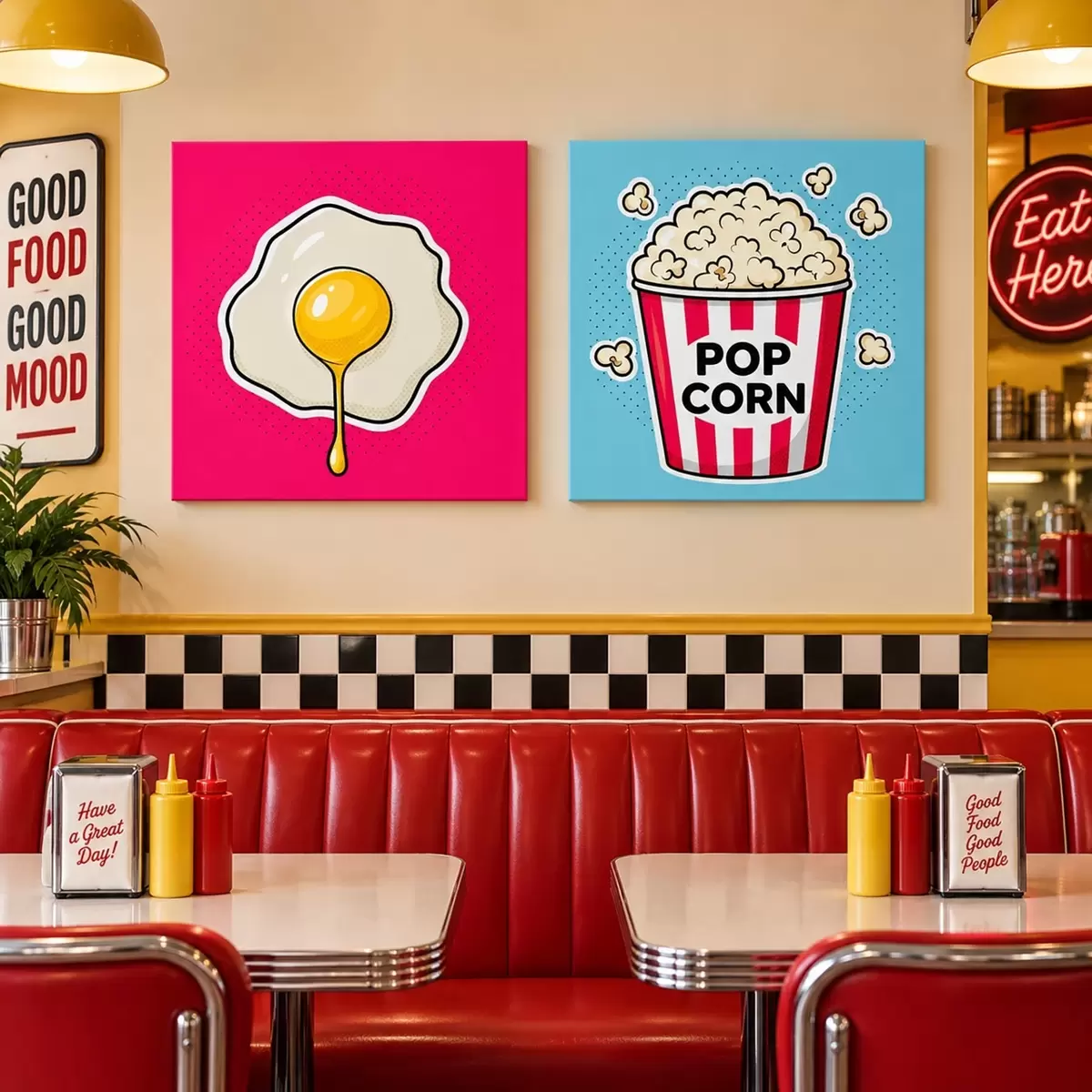 murales de pared Combinación de obras de arte con huevos fritos y palomitas m31076