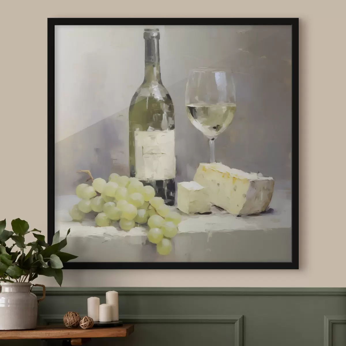 Poster Una botella de vino y unas uvas, una imitación de un cuadro f51135