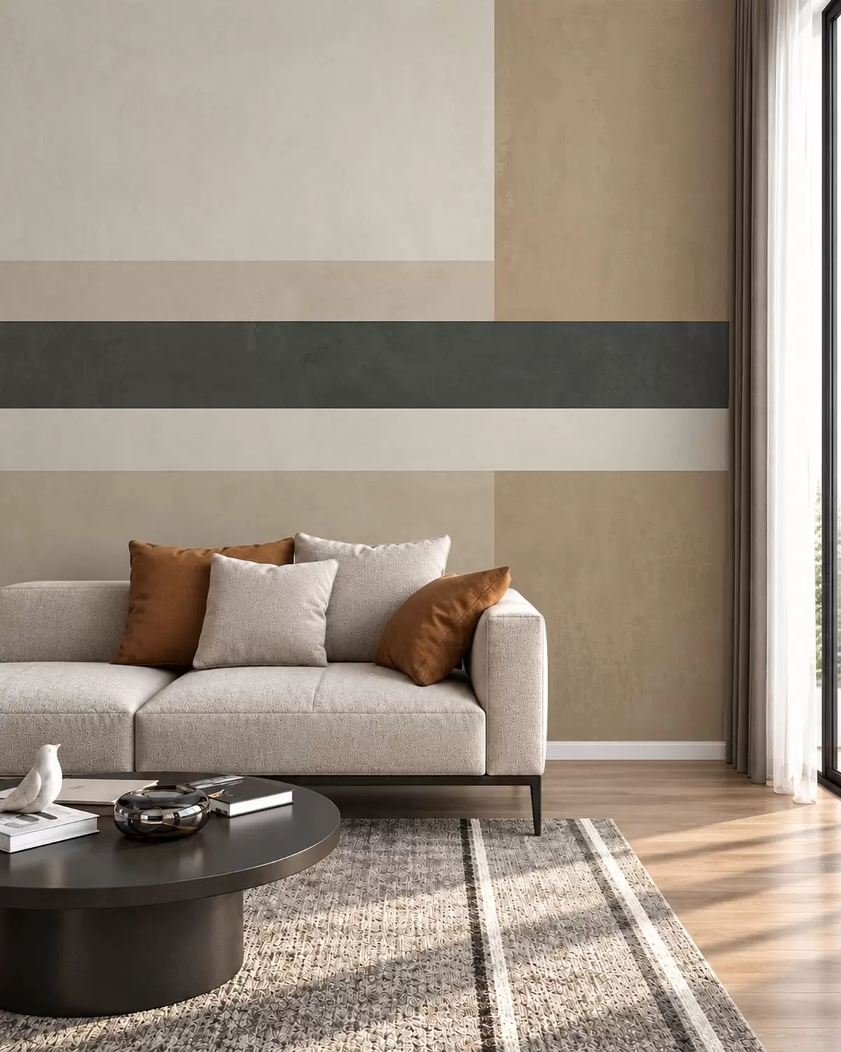 murales de pared Rectángulos abstractos en tonos beige cálidos con una raya oscura w05890