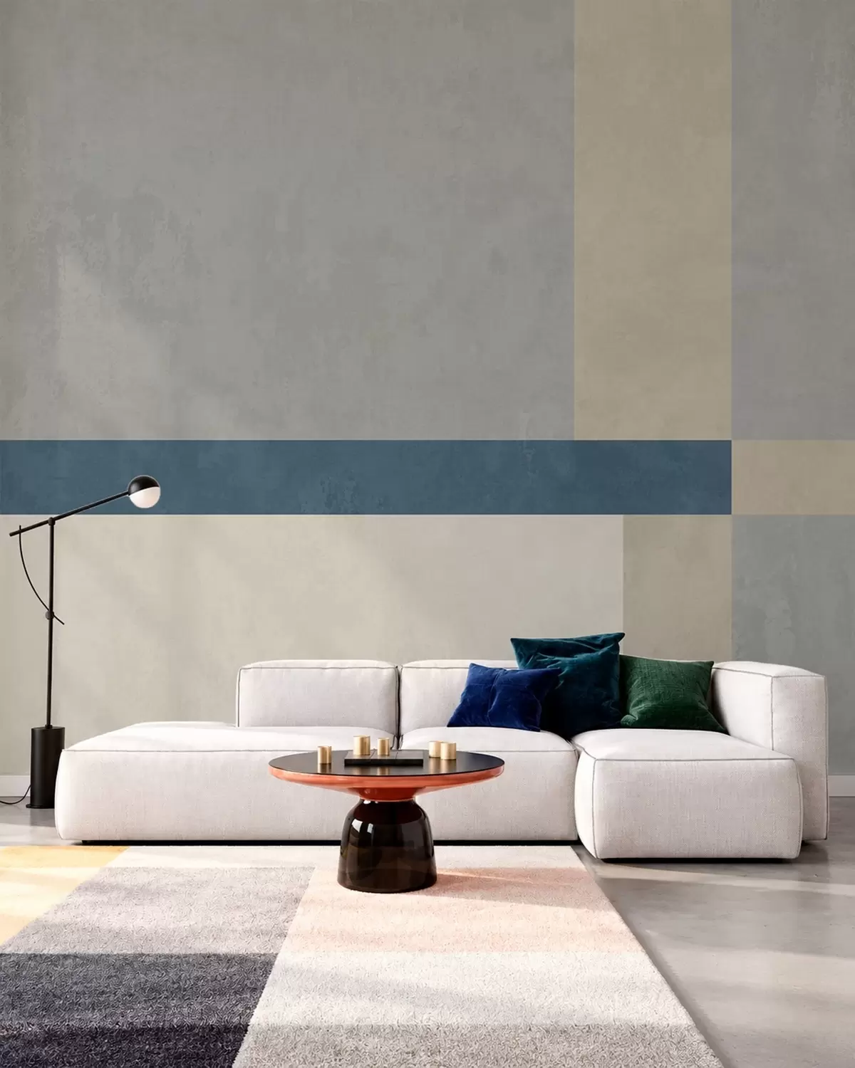 murales de pared Bloques geométricos en tonos grises y beige con una raya azul w05891v1