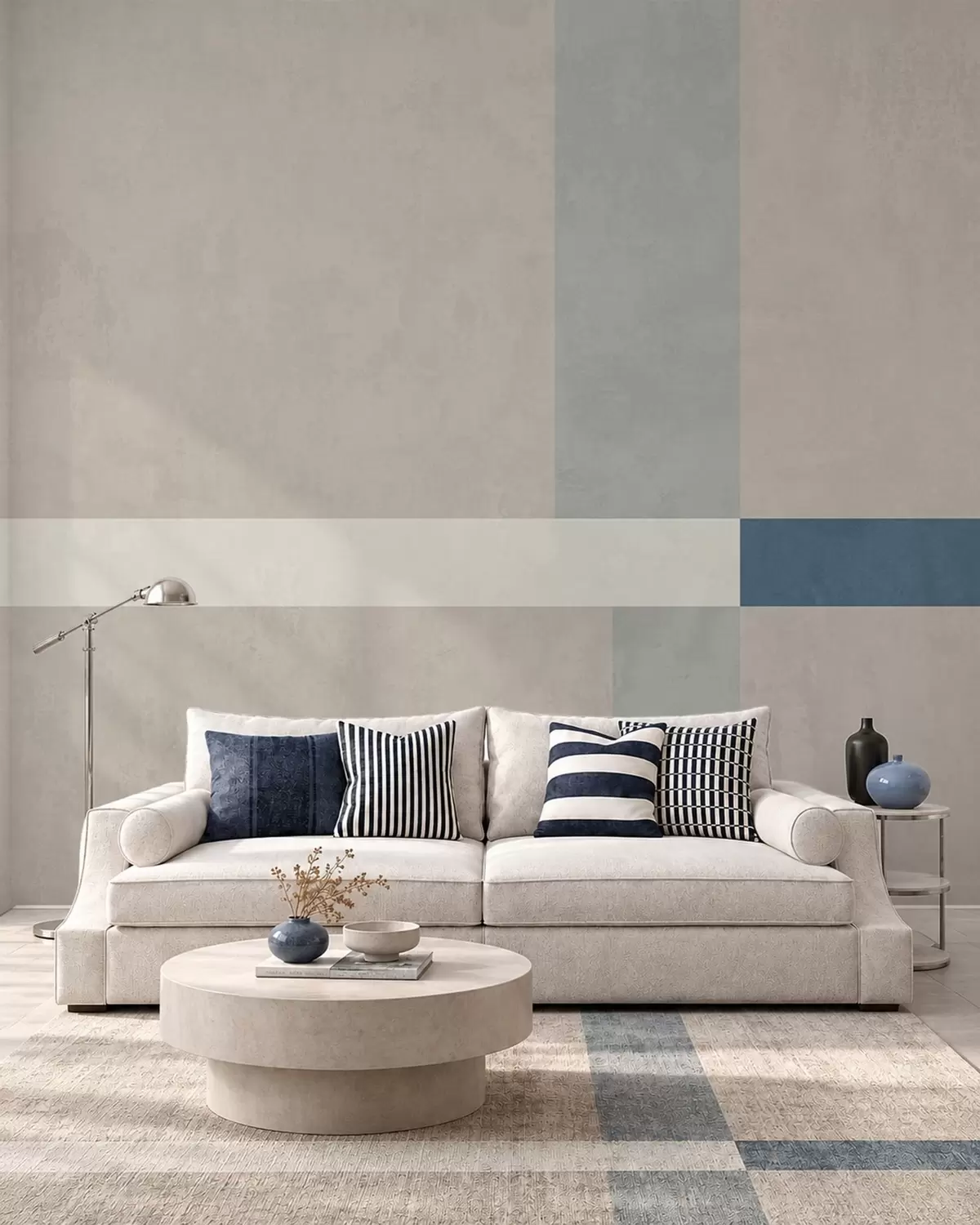 murales de pared Rectángulos abstractos en tonos beige y gris con un toque de azul w05891v2