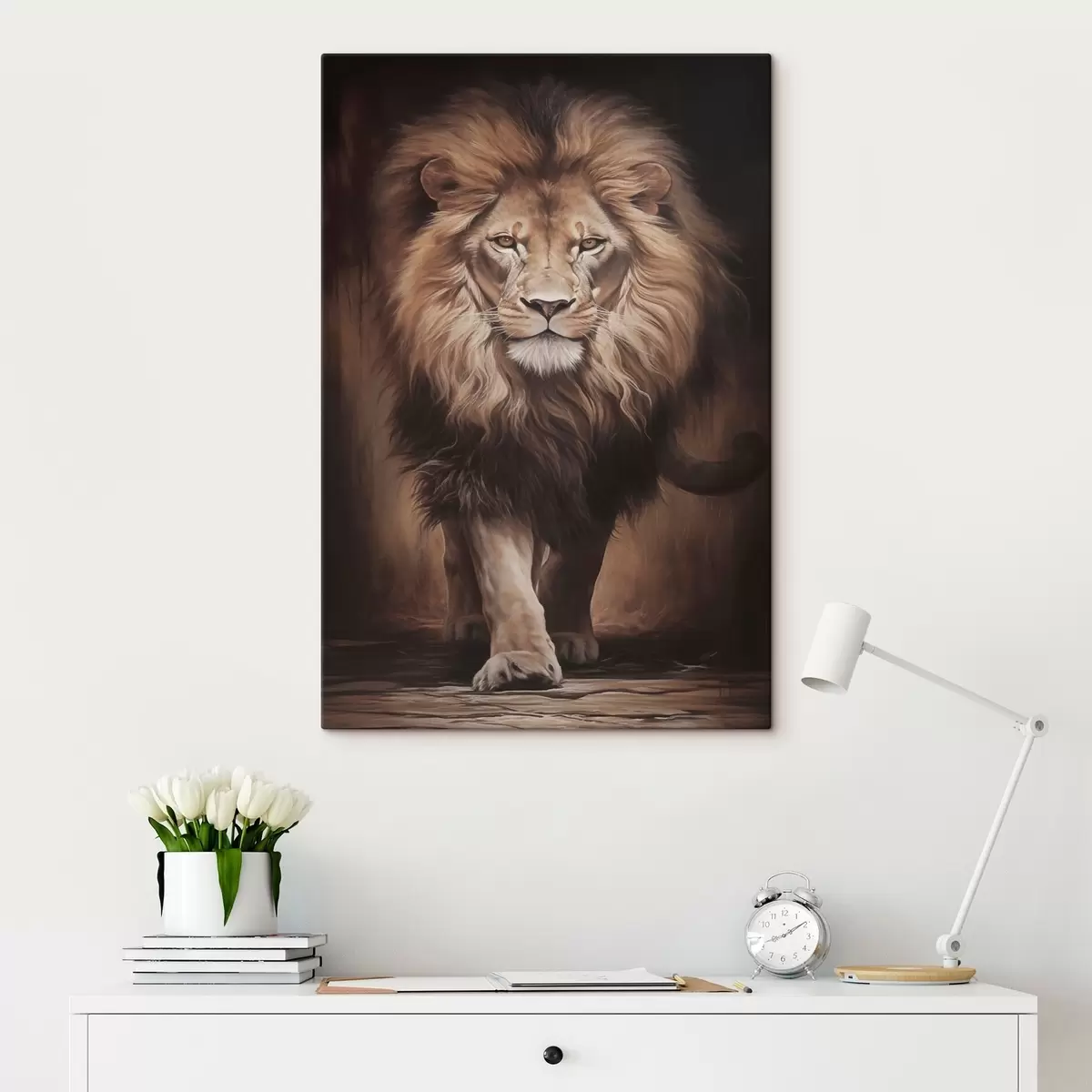 murales de pared Majestuoso león en un interior oscuro s51087