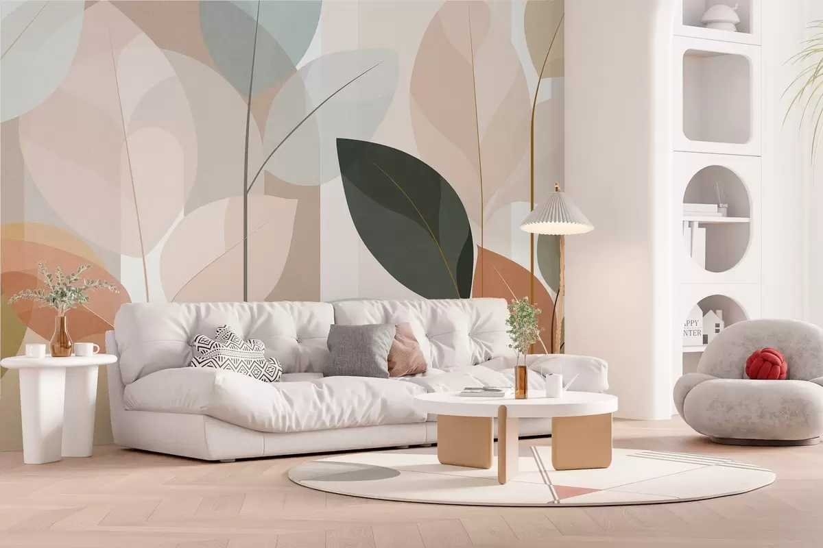 murales de pared un diseño abstracto con motivos de hojas en un estilo de tejido mate, en tonos beige, terracota y melocotón w05986