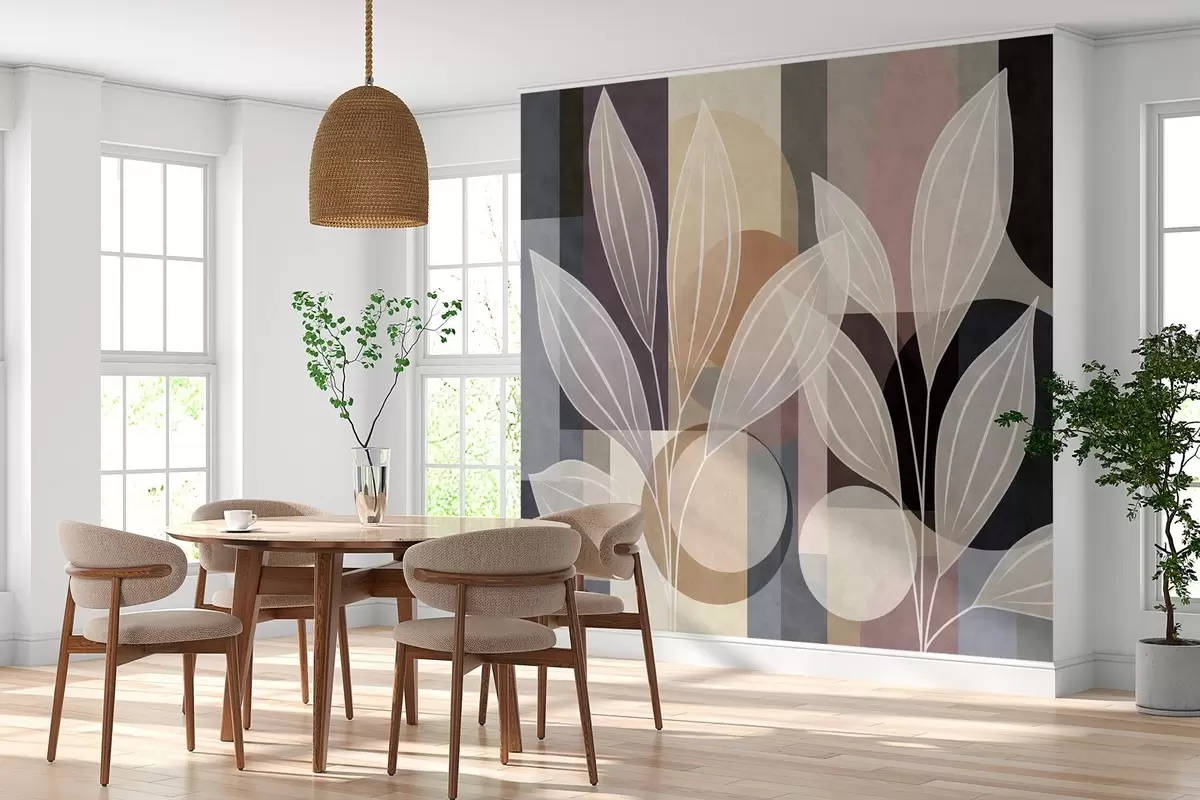 murales de pared hojas estilizadas sobre un fondo geométrico en tonos beige y colores oscuros w05987