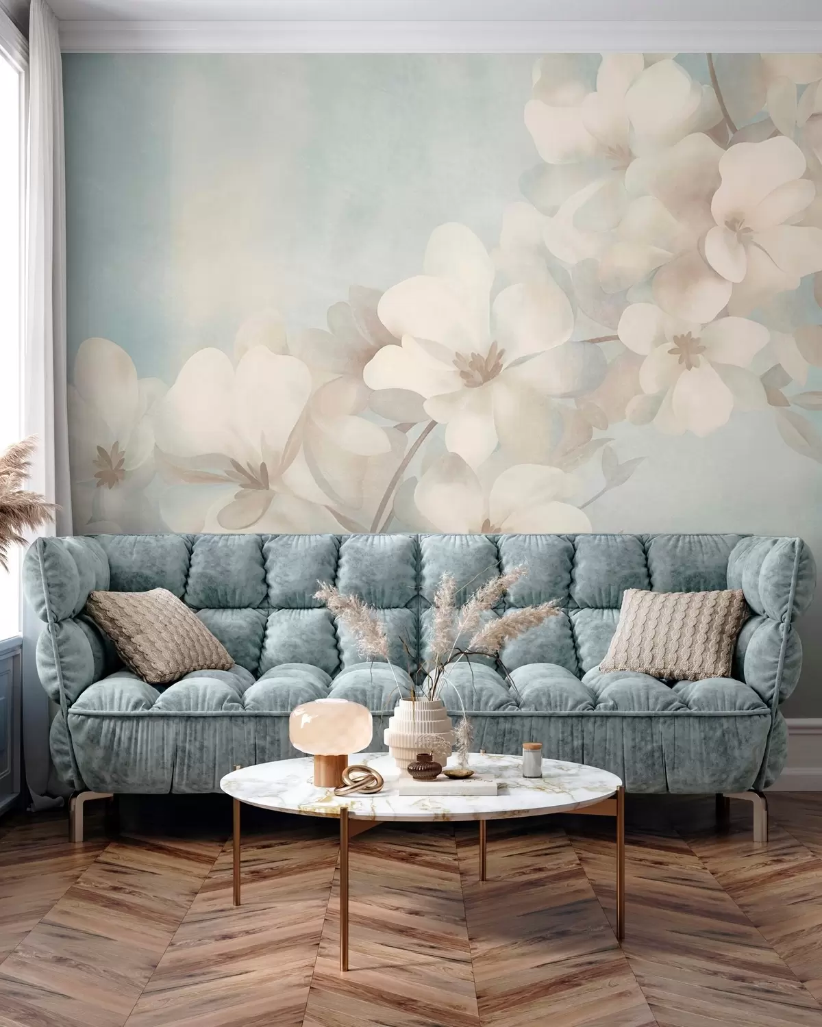 murales de pared Flores blancas en una rama, suaves tonos pastel, fondo azul claro con textura w10107