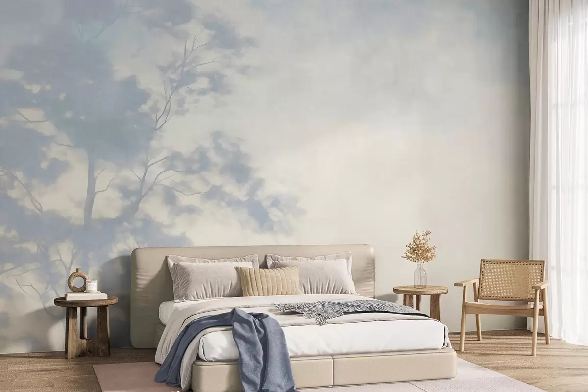 murales de pared Árbol con textura y ramas, sobre un fondo de color crema pálido y azul claro; arte minimalista w10108