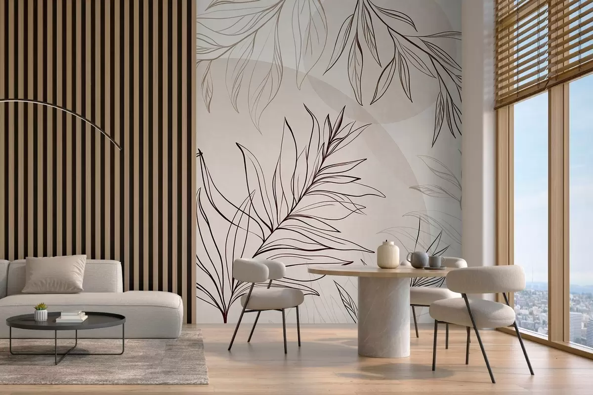murales de pared Dibujo minimalista de hojas y follaje tropicales, con formas circulares en tonos pastel w10111v1