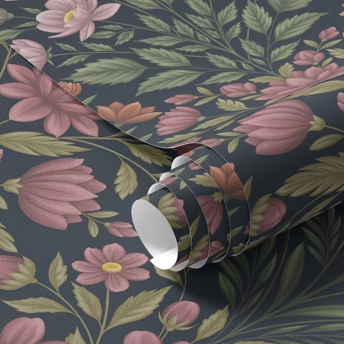 Papel pintado Flores de color rosa y terracota sobre un fondo azul oscuro a01279