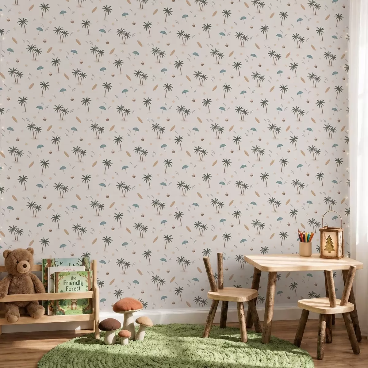 Papel pintado Palmeras tropicales, pájaros y sombrillas de playa sobre un fondo claro a01280