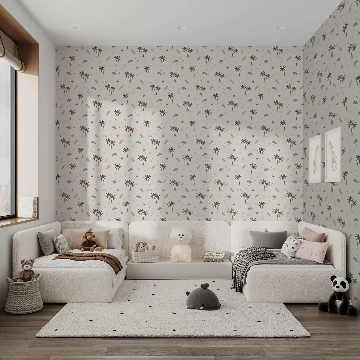 Papel pintado Palmeras tropicales, pájaros y sombrillas de playa sobre un fondo claro a01280
