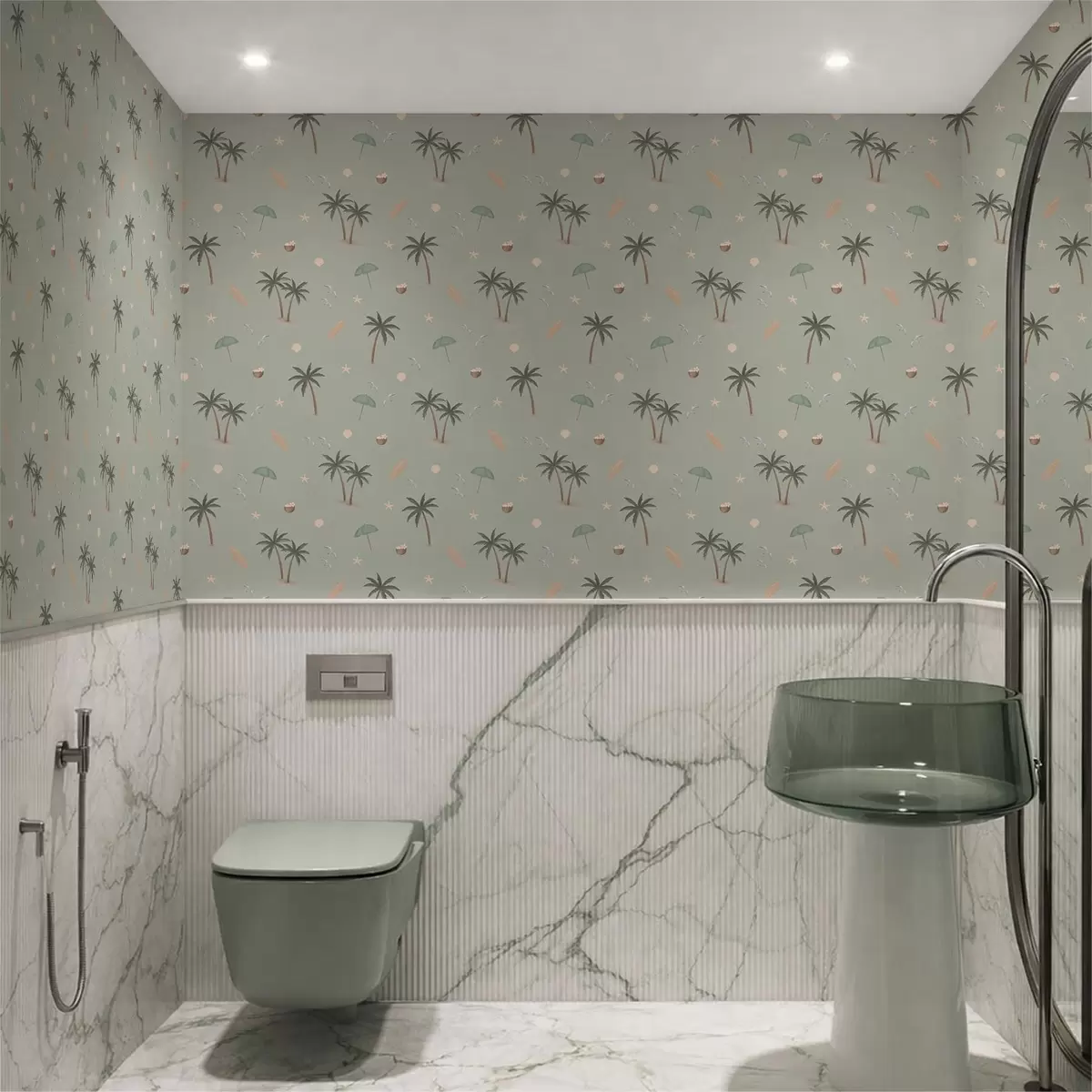 Papel pintado Palmeras tropicales, pájaros y conchas marinas sobre un fondo verde salvia a01280v1