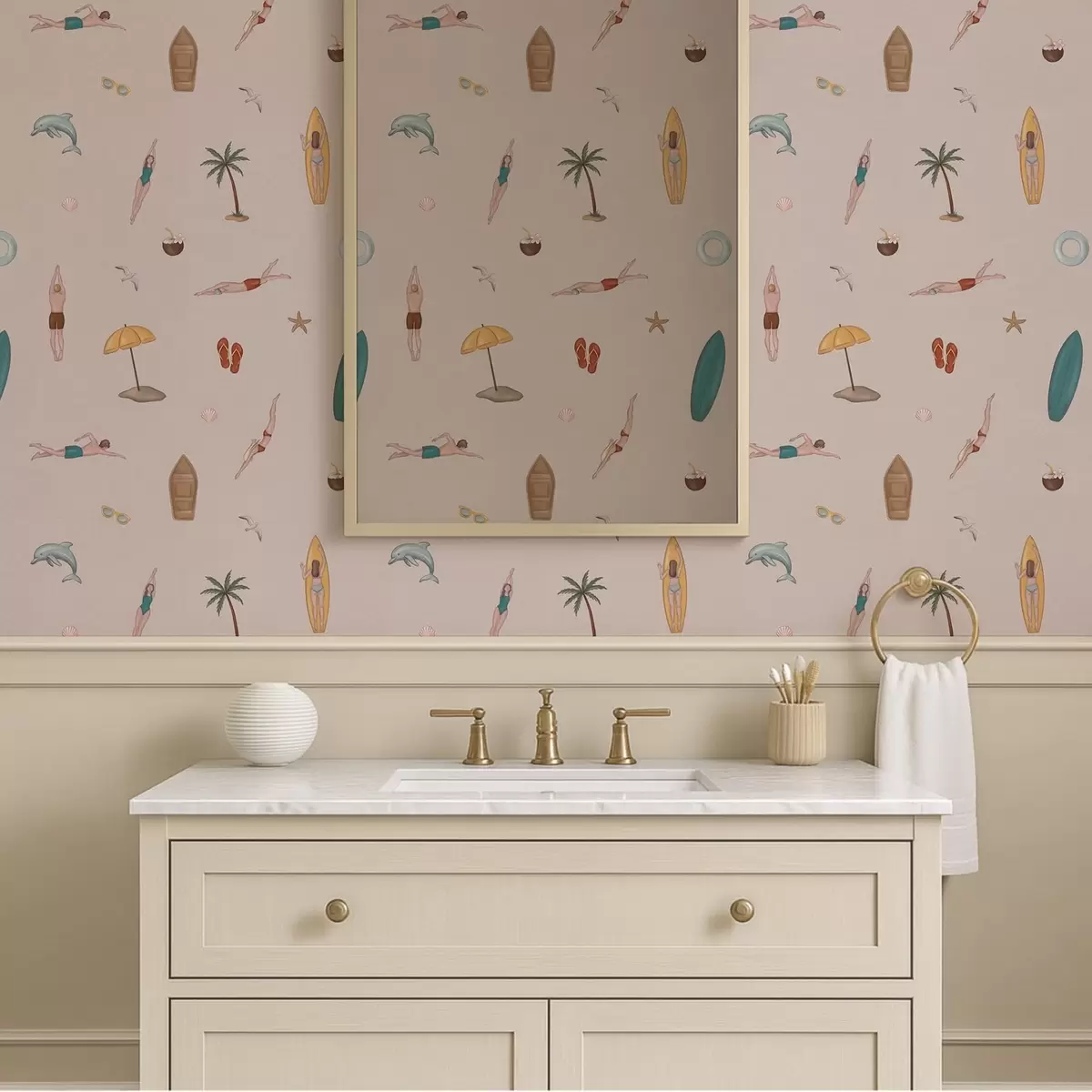Papel pintado Nadadores, un delfín, una palmera y una tabla de surf sobre un fondo beige a01275