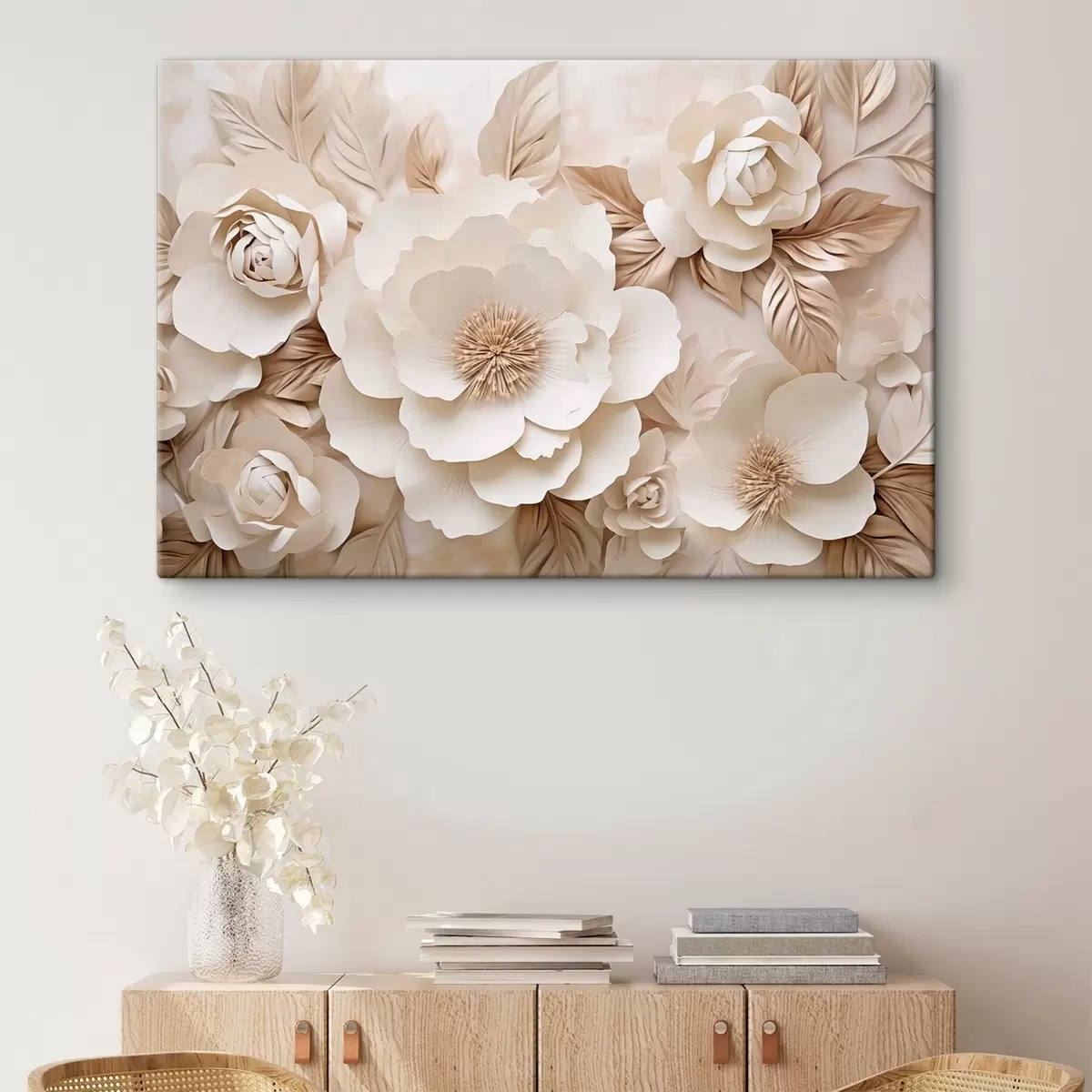 murales de pared Relieve en yeso en 3D con flores blancas s51096