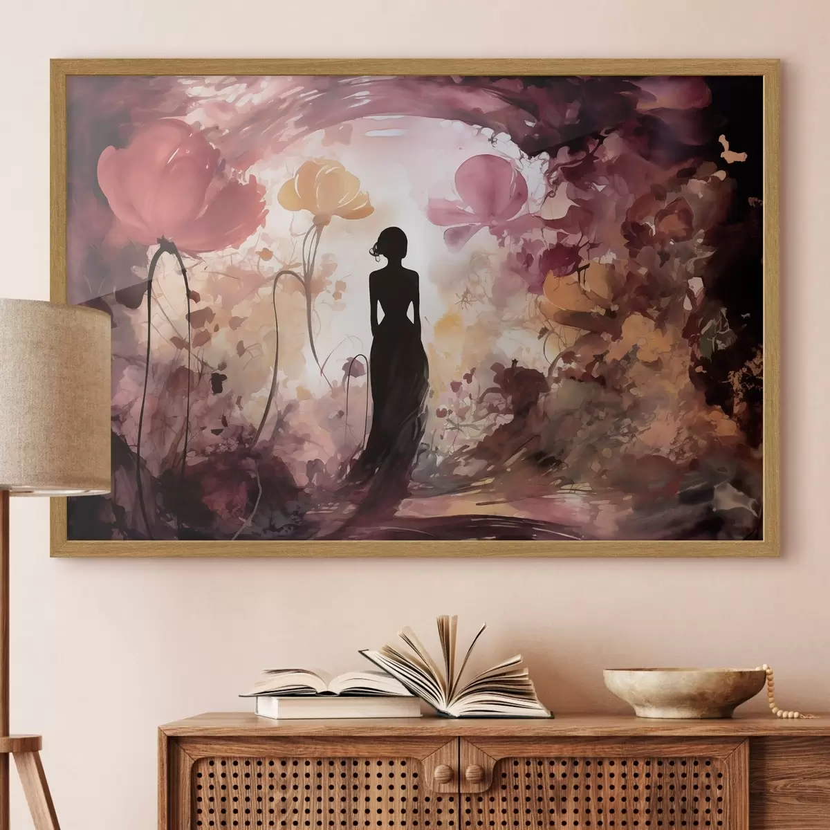 Poster Silueta de una mujer en un jardín floreciente de cuento de hadas f51081