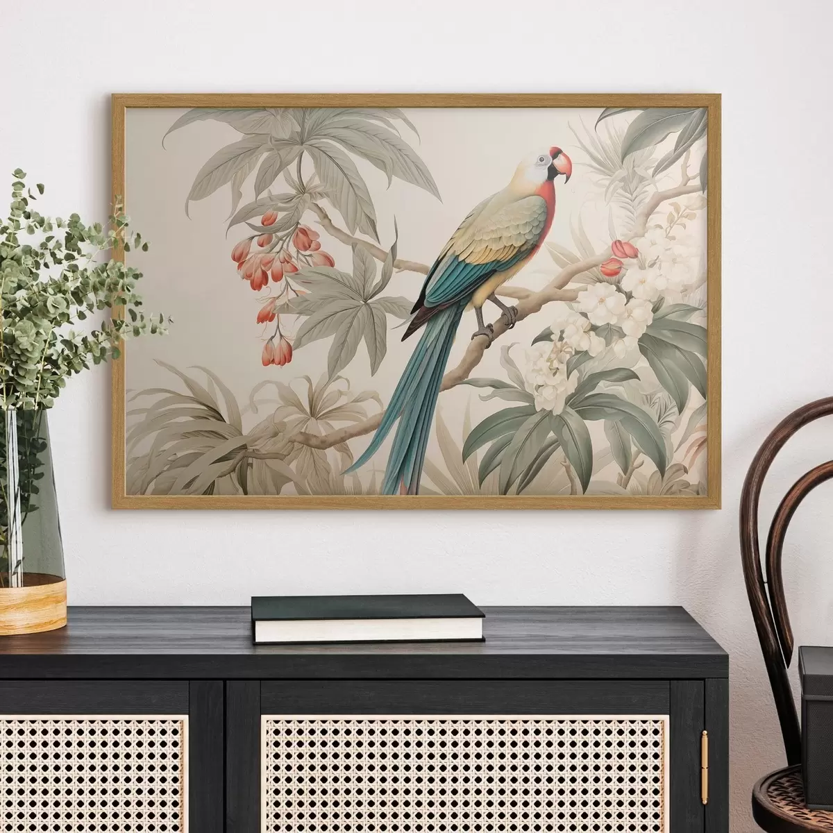 Poster Loro tropical en una rama en flor f51094