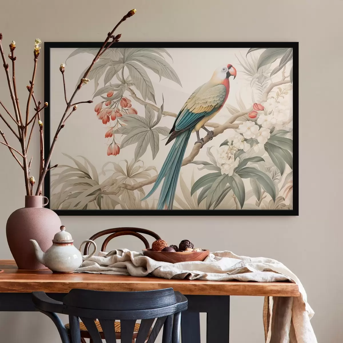 Poster Loro tropical en una rama en flor f51094