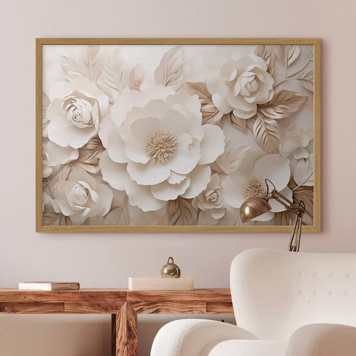 Poster Relieve en yeso en 3D con flores blancas f51096