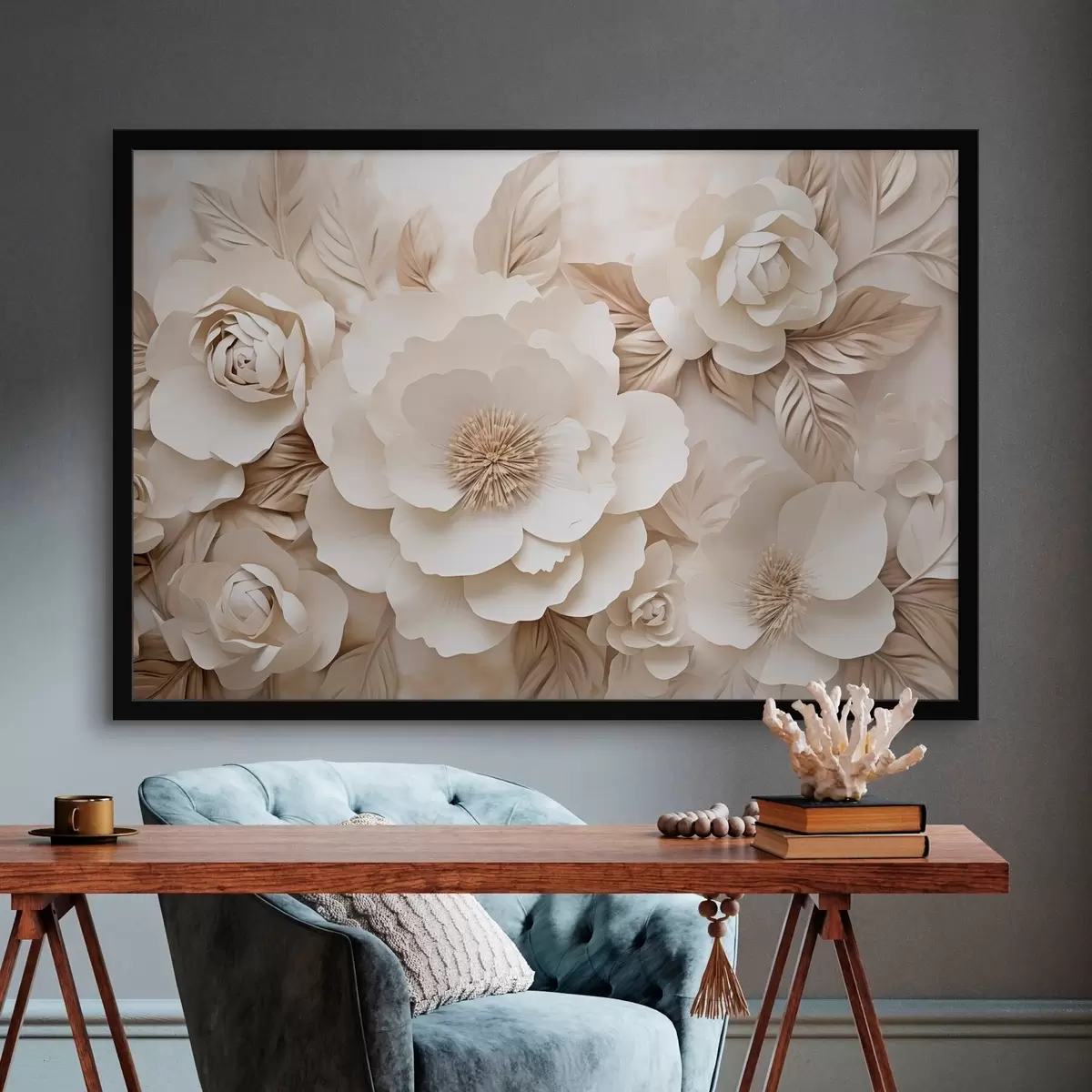 Poster Relieve en yeso en 3D con flores blancas f51096
