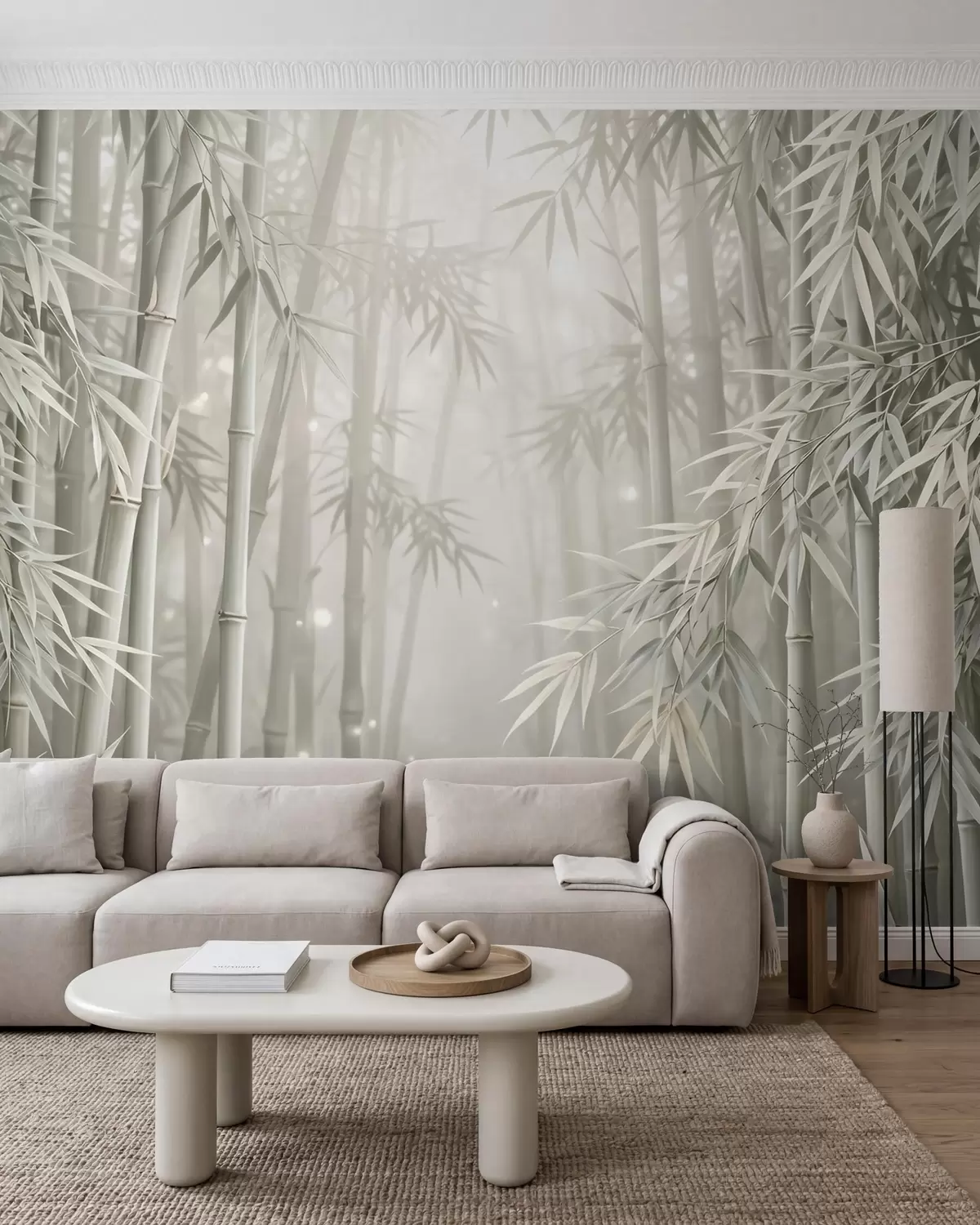 murales de pared Un bosque de bambú místico envuelto en una suave niebla, con tonos oliva apagados y blanco lechoso w10090