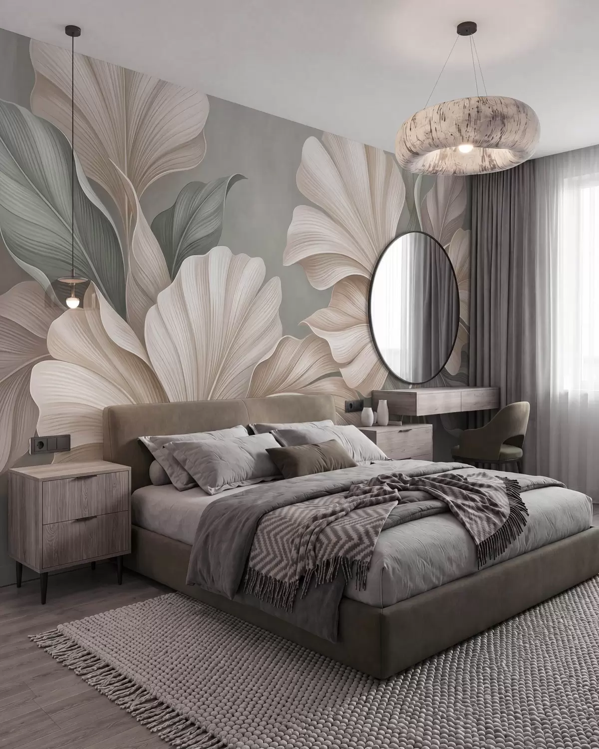 murales de pared Delicadas hojas botánicas en tonos beige natural y verde salvia w10094