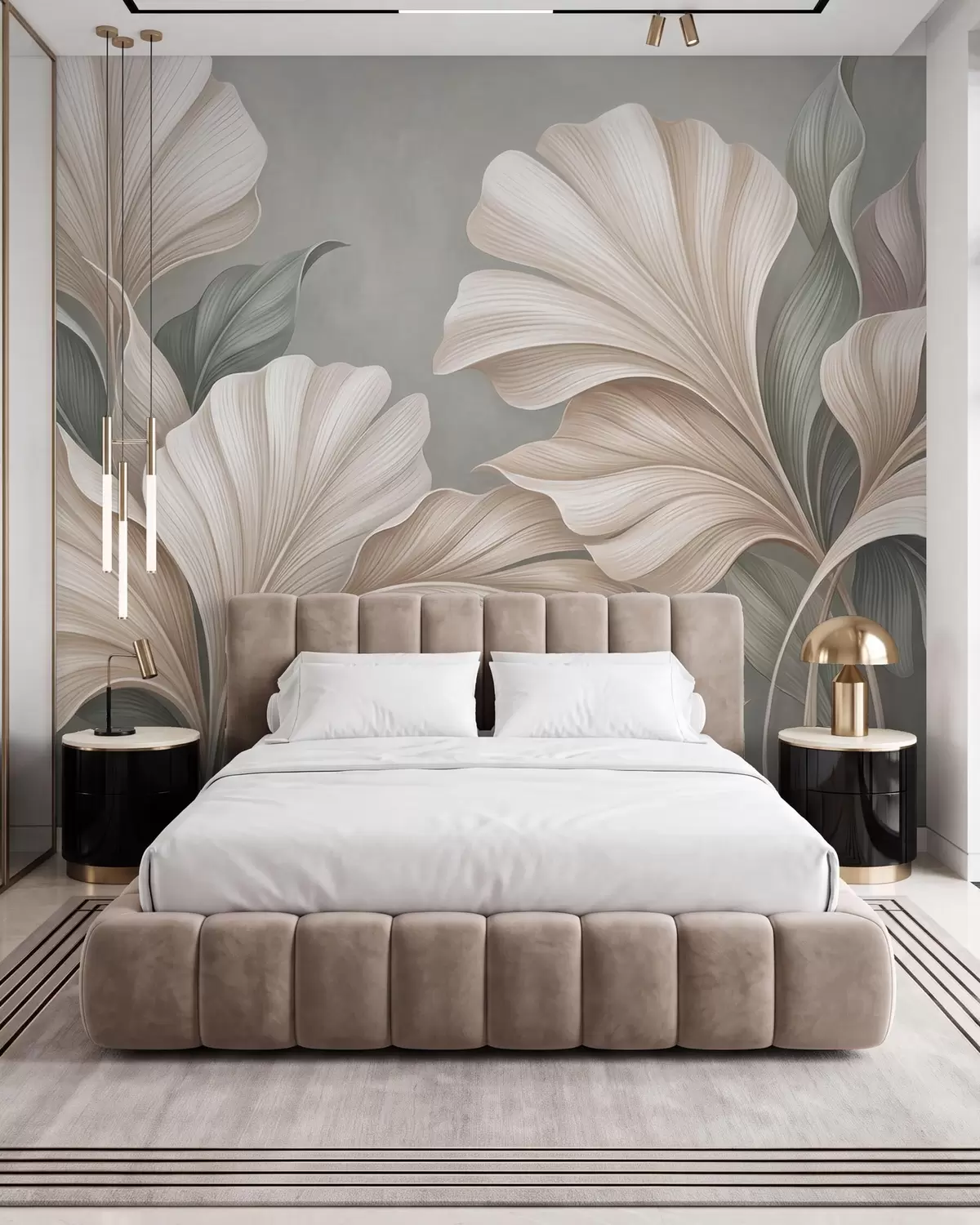 murales de pared Delicadas hojas botánicas en tonos beige natural y verde salvia w10094