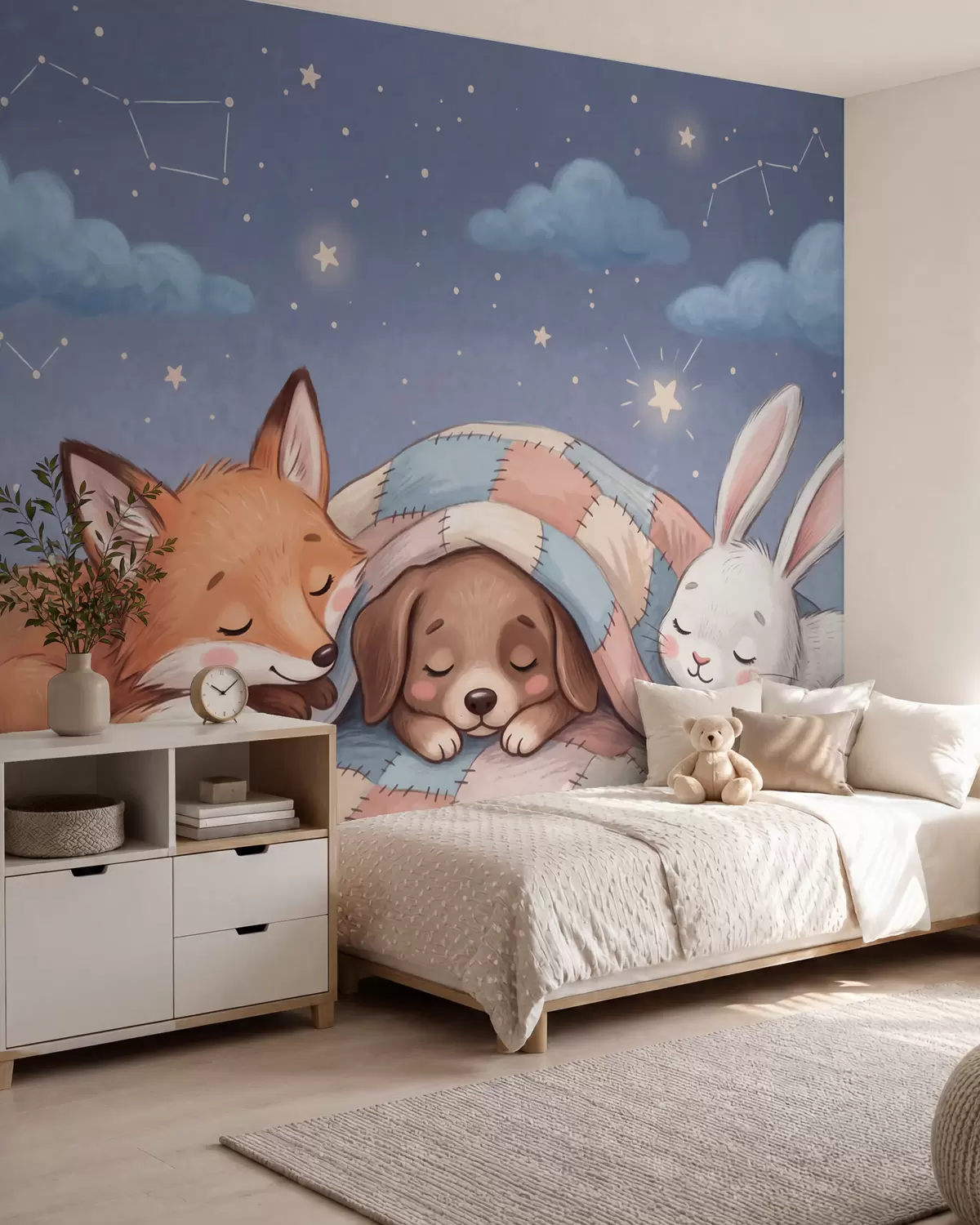murales de pared Animales del bosque llenos de fantasía que duermen bajo un cielo estrellado sobre una acogedora manta de retazos, en una encantadora ilustración en acuarela w10098