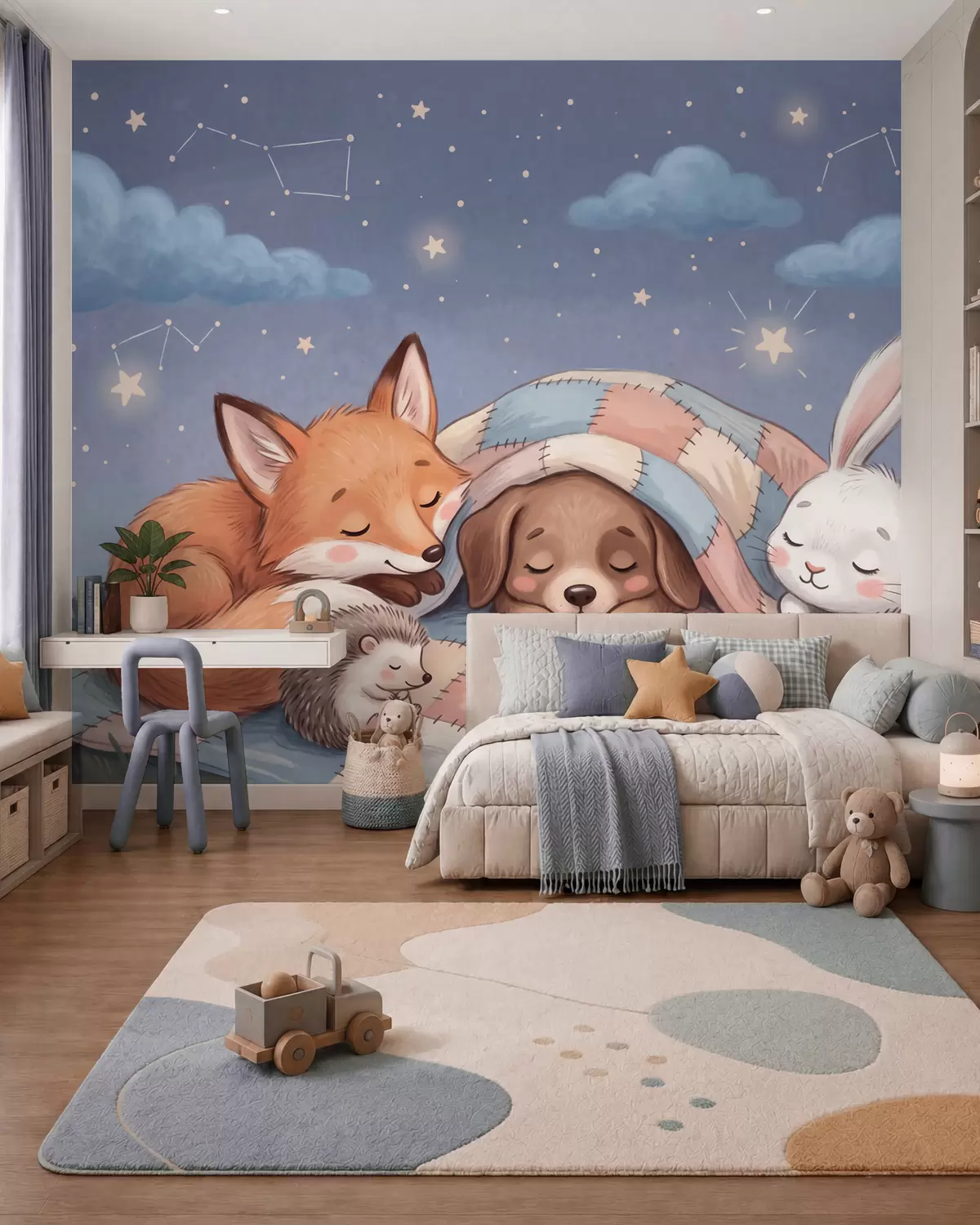 murales de pared Animales del bosque llenos de fantasía que duermen bajo un cielo estrellado sobre una acogedora manta de retazos, en una encantadora ilustración en acuarela w10098