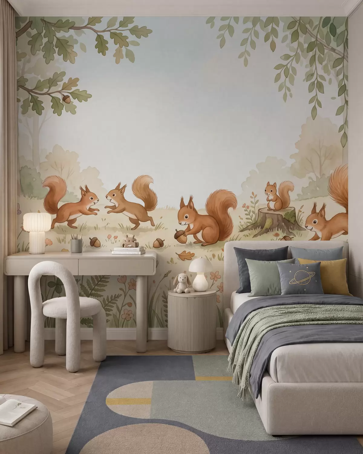murales de pared Un bosque otoñal con mullidas ardillas rojas, bellotas y delicadas flores silvestres, pintado al estilo de la acuarela w10102