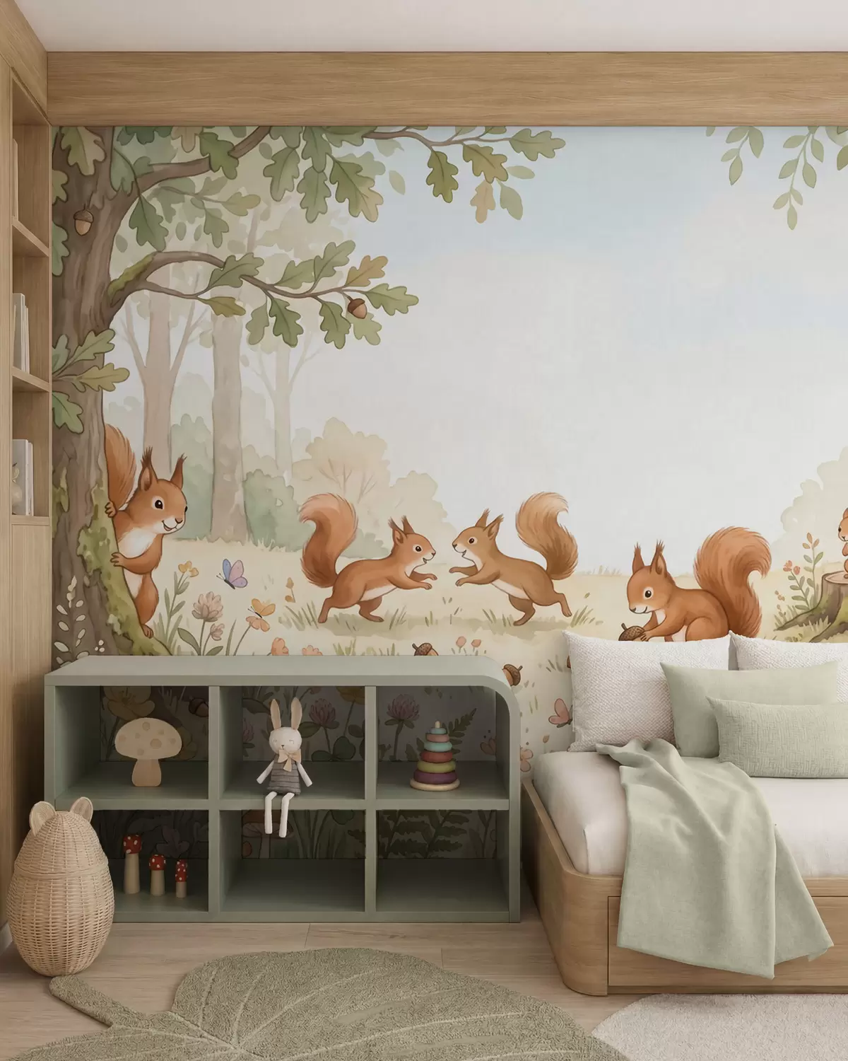 murales de pared Un bosque otoñal con mullidas ardillas rojas, bellotas y delicadas flores silvestres, pintado al estilo de la acuarela w10102