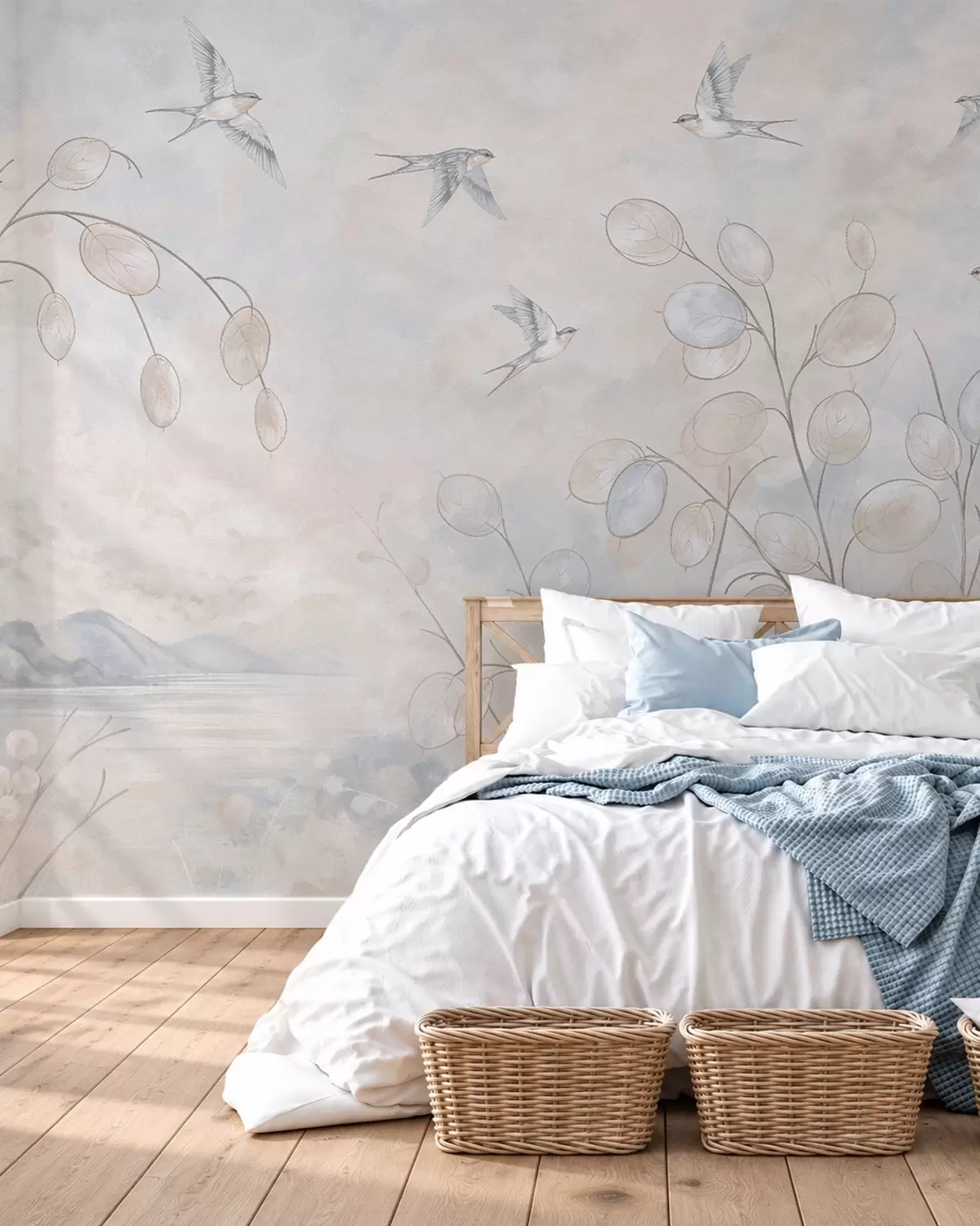 murales de pared Golondrinas entre delicadas plantas, con el lago y las montañas de fondo w05892