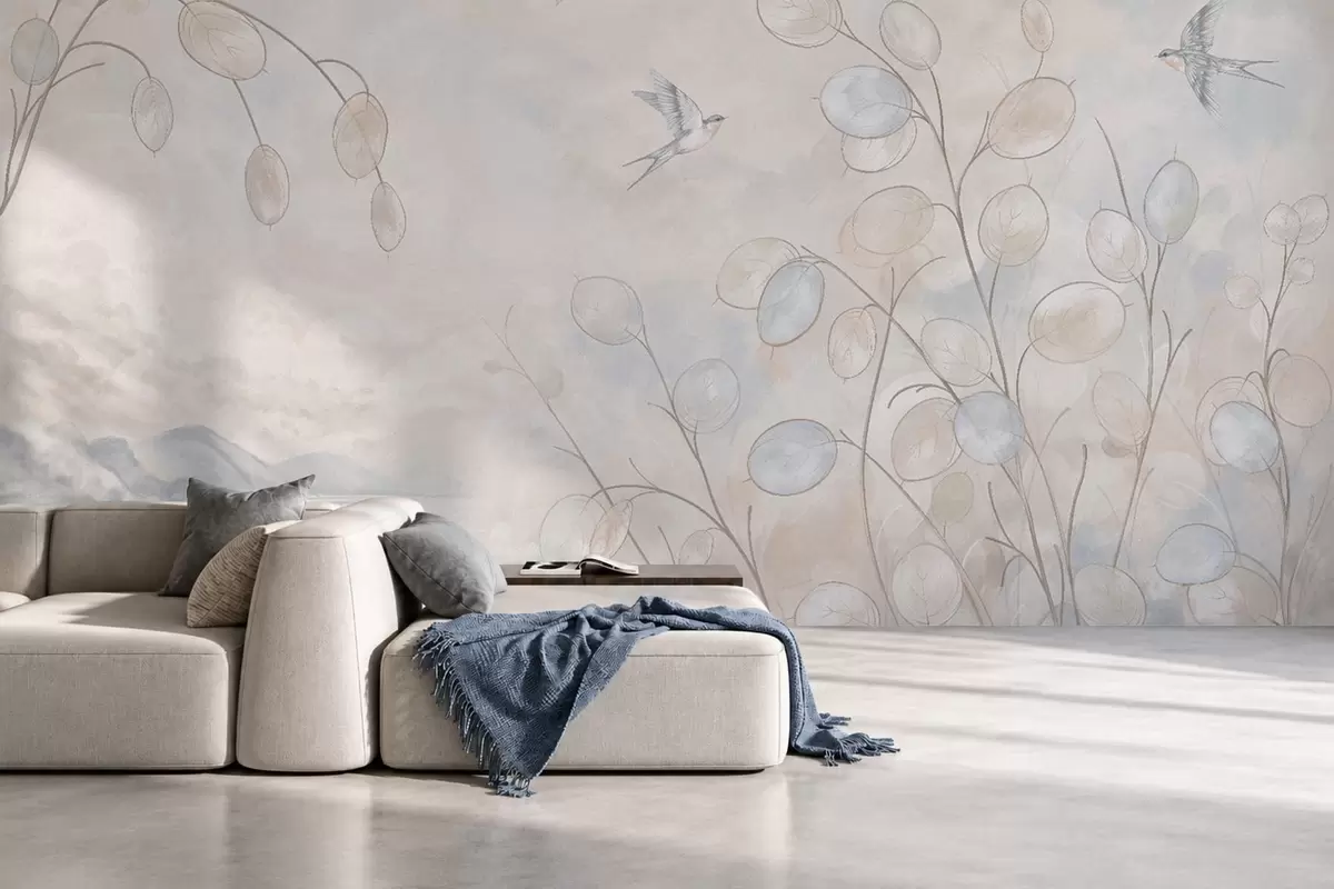 murales de pared Golondrinas entre delicadas plantas, con el lago y las montañas de fondo w05892