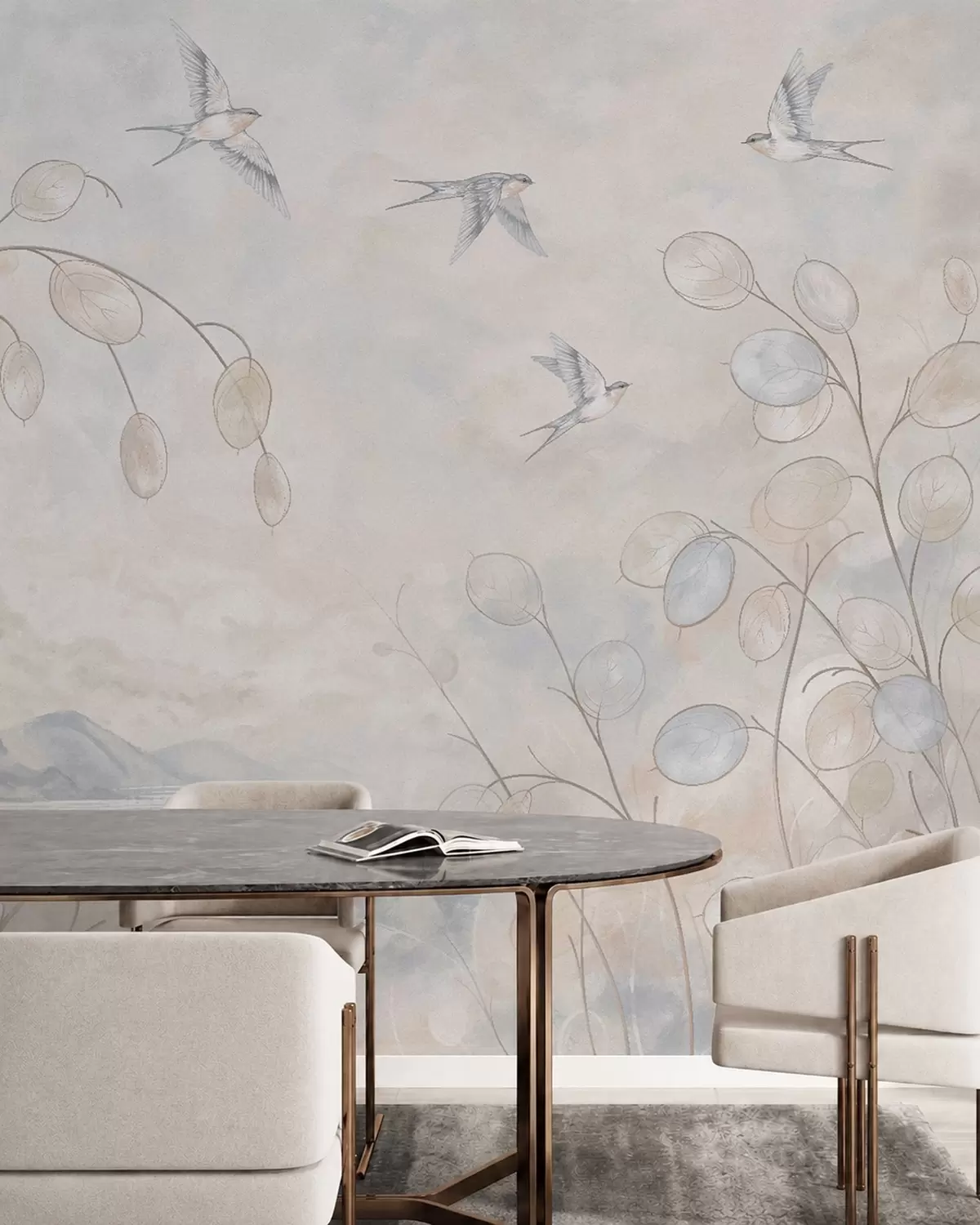murales de pared Golondrinas entre delicadas plantas, con el lago y las montañas de fondo w05892