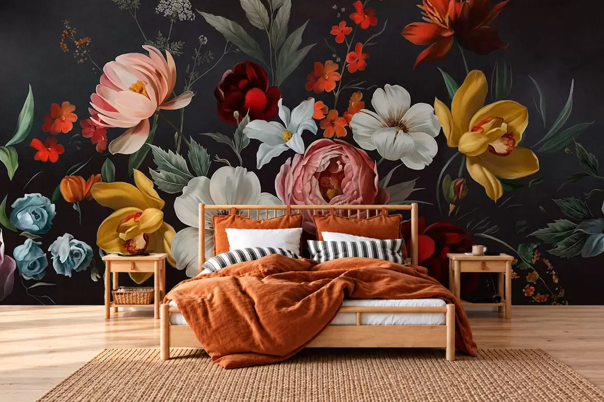 murales de pared Exuberante arreglo de flores de colores sobre un fondo oscuro w05960