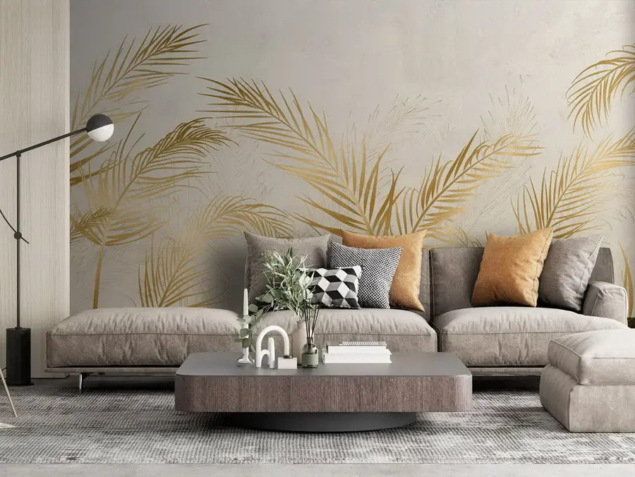 murales de pared Palmera amarilla zorro sobre fondo gris, hojas de helecho u72114