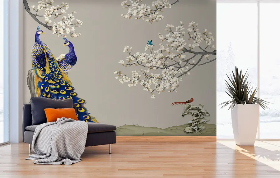 murales de pared Pavo real en ramas de Sakura u79801