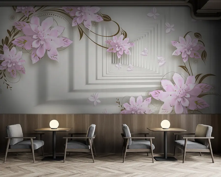 murales de pared Pink flowers in 3d tunnel u21861v3