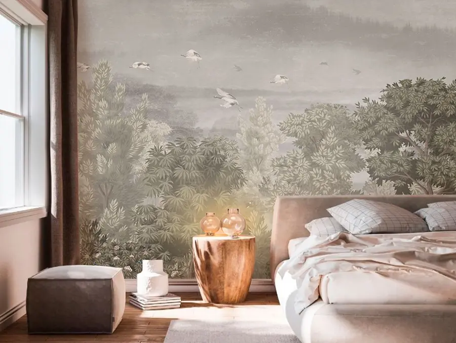 murales de pared Las grúas vuelan sobre el bosque u73553
