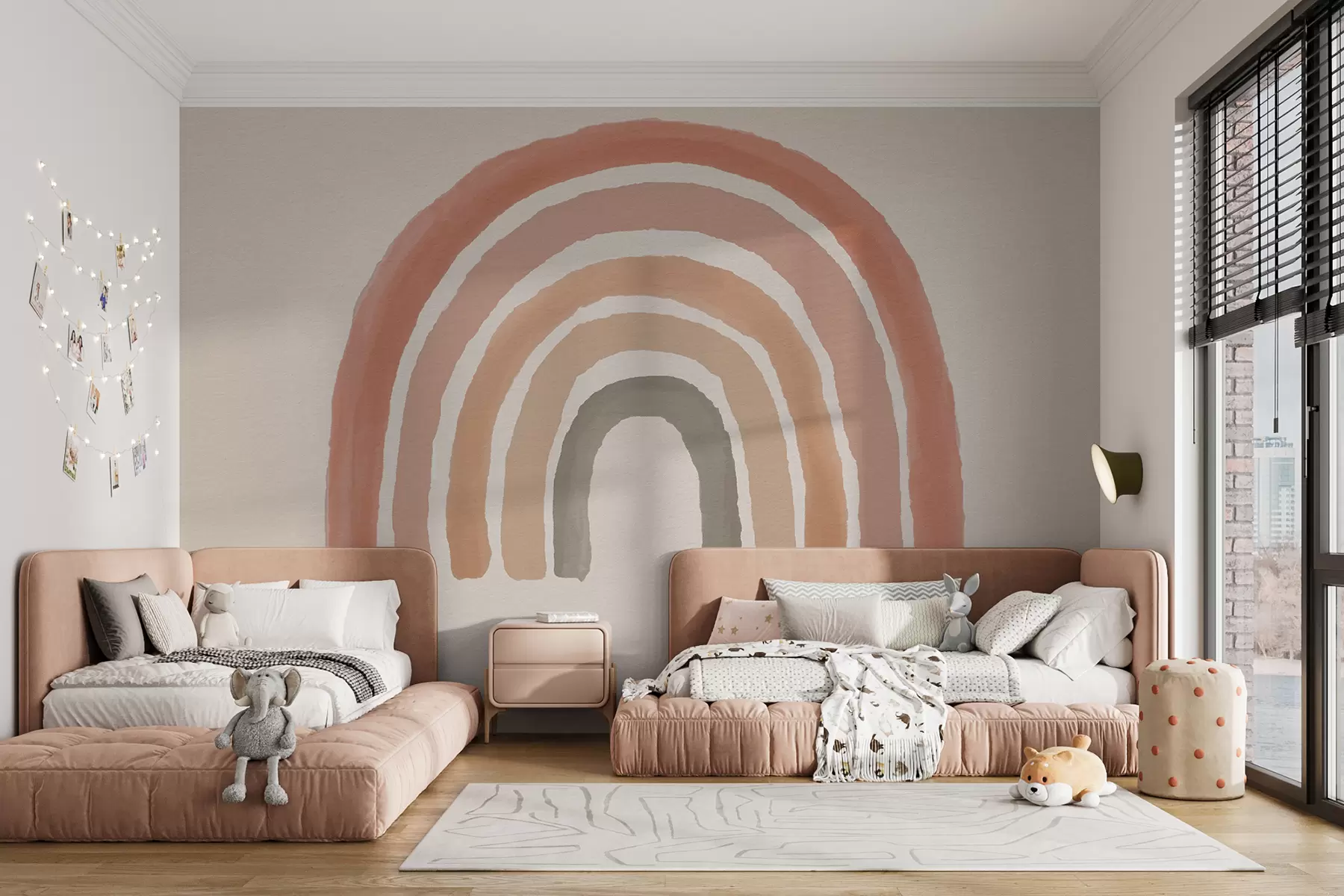 murales de pared papel pintado estilo boho: melocotón coral, arco iris rosa. Arco iris pastel de pared rosa u93566