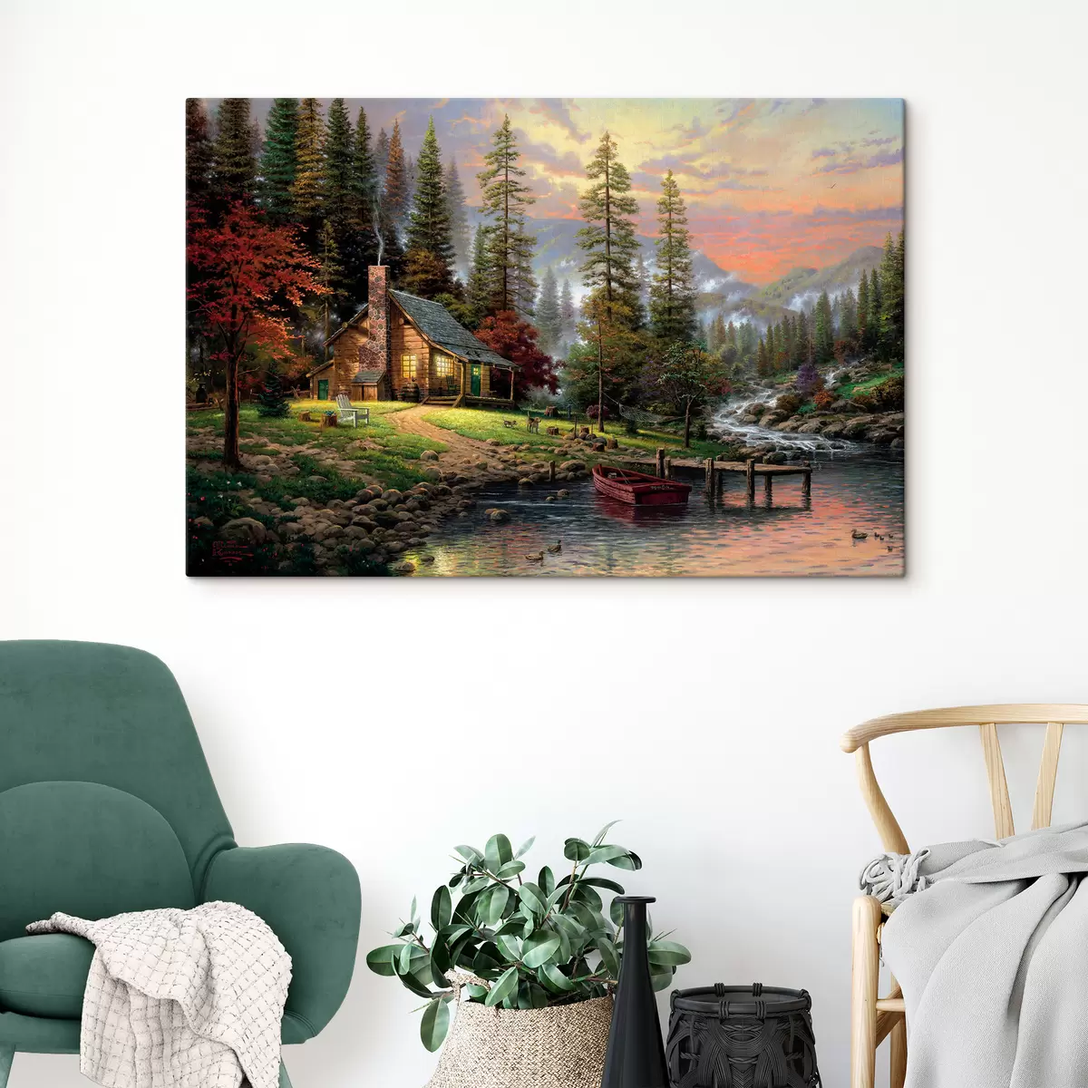 murales de pared Cabaña de pescadores en el bosque cerca del arroyo s15556