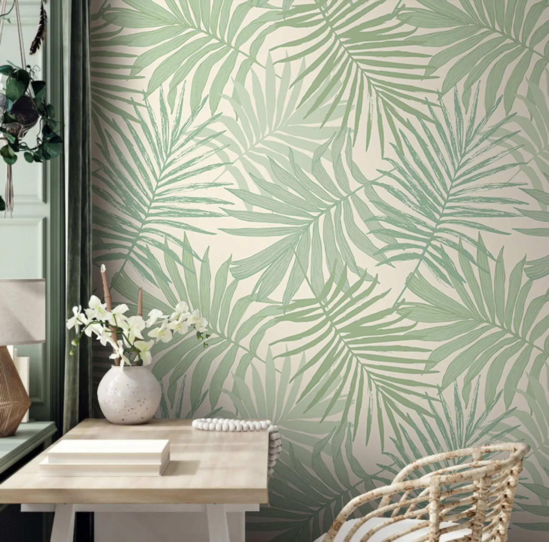 murales de pared Follaje tropical en tonos verde oliva pastel u74826