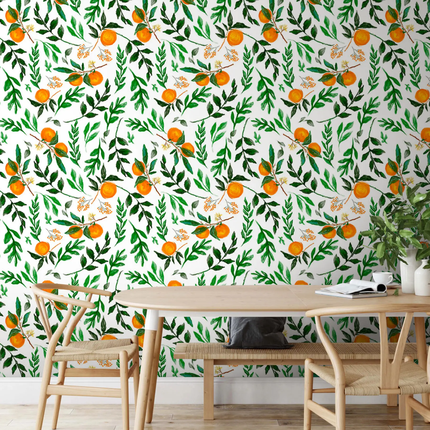 murales de pared Patrón naranja, diseño de papel tapiz con hojas y frutas u94333