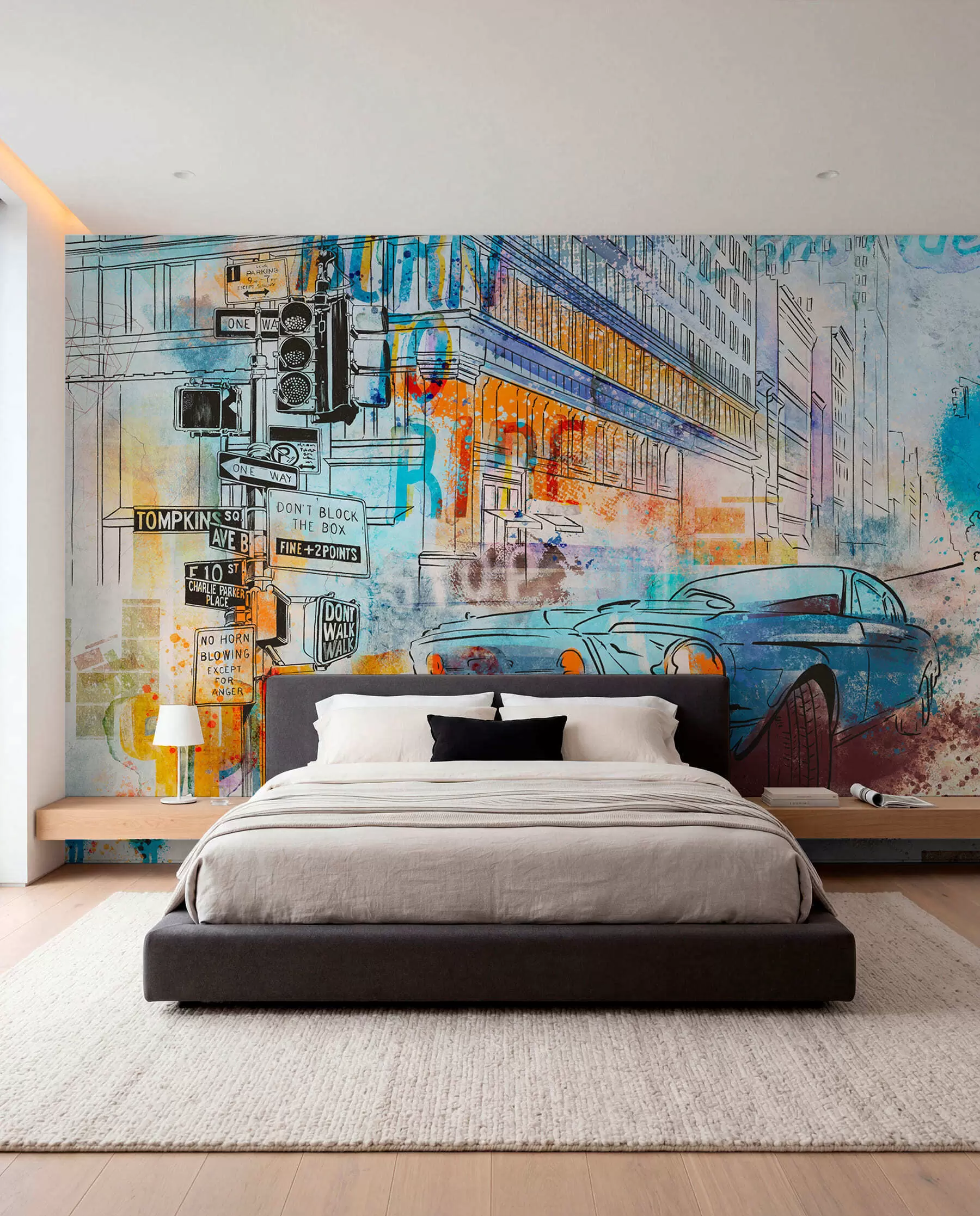 murales de pared Coche azul en grafiti u75814